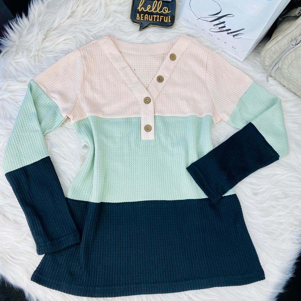 Pink, Green and Black Color Block Long Sleeve Top